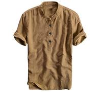 Camicia di Lino Uomo Camicie Estate Solido Traspirante Manica Corta Spiaggia Scollo a V Camicetta con Tasca Casual Top Henley Vintage Chic Regular Fit T Shirt Estate Tinta unita Camicia Leger, cachi