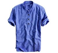 Camicia di Lino Uomo Camicie Estate Solido Traspirante Manica Corta Spiaggia Scollo a V Camicetta con Tasca Casual Top Henley Vintage Chic Regular Fit T Shirt Estate Tinta unita Camicia Leger, navy, L