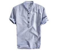 Camicia di Lino Uomo Collo Coreana Manica Corta Camicia Estiva Leggera No Stiro Camicie Cotone Mare Bianca Casual Henley Shirts Botton Down Regular Fit Comode Camicia Ufficio Estate 2025 Moda