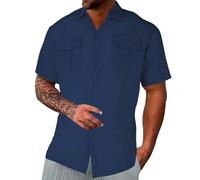 Camicia Di Lino Uomo Elegante Manica Corta Camicie Estiva Bianca Slim Fit Camicia Cotone Spiaggia No Stiro Casual Bluse Con Bottoni Firmata Scollo a V Comode Camicia Ufficio Per Spiaggia Vacanze