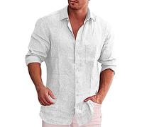 Camicia di Lino Uomo Estiva Cotone Camicia Coreana Casual Bianca Henley Shirts Manica Lunga Leggera Traspirante Elegante Camicie Mare Botton Down Hawaiana Classica Camicia Ufficio per Le Vacanze