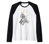 Camicia di Pasqua Felice Egli è Risorto Gesù Croce Scrittura Matteo Maglia con Maniche Raglan