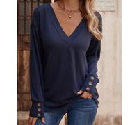 Camicia donna a maniche lunghe con scollo a V, colore blu, taglia M, casual e alla moda, adatta a una circonferenza torace fino a 108 cm