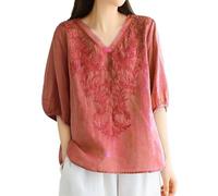 Camicia Donna Camicia Casual in Lino e Cotone Women's Embroidered Top Cotton Linen Puff Short Sleeve Crewneck Blouse Casual Button Down T Shirts Irregolare per Look Culturali (Red,XL)