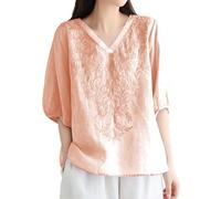 Camicia Donna Camicia Casual in Lino e Cotone Women's Embroidered Top Cotton Linen Puff Short Sleeve Crewneck Blouse Casual Button Down T Shirts Irregolare per Look Culturali (Pink,XL)