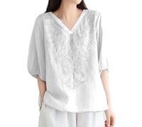 Camicia Donna Camicia Casual in Lino e Cotone Women's Embroidered Top Cotton Linen Puff Short Sleeve Crewneck Blouse Casual Button Down T Shirts Irregolare per Look Culturali (White,XXXL)