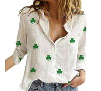 Camicia Donna Camicie in Lino Cotone Camicette 2026 St. Day Print Shirt - St Button Down Long Sleeve Stylish Design Spring Summer con Bottoni Primavera Ufficio Camicia in Lino (White,M)