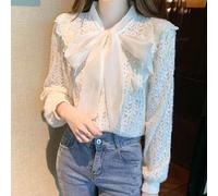 Camicia Donna Con Pizzo E Fiocco Top Scollo A V Manica Lunga Elegante