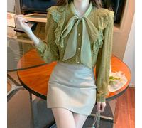 Camicia Donna Con Pizzo E Fiocco Top Scollo A V Manica Lunga Elegante