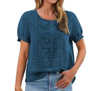 Camicia Donna Cotone E Lino Camicia Manica Corta Donna Elegante Camicetta Girocollo 2026 Nuova Camicetta Ricamato Floreale Top Grande Taglia Casual T-shirt Compleanno Tshirt Vacanze Top, navy, XL