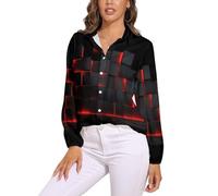 Camicia Donna, Cubo Geometrico Scollo A V Camicia con Maniche Lunga E Colletto A Revers in Nero Leggera Comoda per L'Estate Camicetta da Donna alla Moda Camicetta Spiaggia