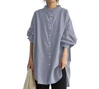 Camicia Donna Elegante, Camicetta da Donna in Cotone E Lino Camicie Lunghe Casual Tinta Unita con Colletto alla Coreana Camicie con Bottoni Top Vintage Sciolto Tunica A Maniche Lunghe T-Shirt Autunn