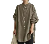 Camicia Donna Elegante, Camicetta da Donna in Lino di Cotone Camicie Lungo Casual Solido Colletto Stand Camicie con Bottoni Top Vintage Sciolto Manica Lunga Tunica Top Autunno Sciolto Magliette per