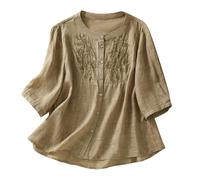 Camicia Donna Elegante, Camicia Donna Lino Ricamo Top L'Estate Mezza Manica Curvy Camicetta Sciolto Casual Camicie da Donna in Lino Cotone Scollo a V Shirt Taglie Forti Leggero Blusa da Lavoro