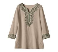 Camicia Donna Elegante, Camicia Donna Lino Ricamo Vintage Maglietta Estiva Camicetta Manica 3/4 Sciolto Casual Camicie da Donna in Lino Cotone Scollo a V Top Moda Traspirante Blusa da Spiaggia