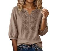 Camicia Donna Elegante, Camicia Donna Lino Ricamo Vintage Shirt L'Estate Camicetta Manica a 3/4 Sciolto Casual Camicie da Donna Cotone E Lino Scollo a V Top Oversize Curvy Blusa da Spiaggia