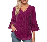 Camicia Donna Elegante con Paillettes in Ruffle Chiffon, Manica 3/4 e Scollo a V Blusa Leggero Camicette Estivo Casacca Casual Tunica Top con Glitter Maglietta per Feste,Serate,Lavoro,Mare,Bordeaux,L