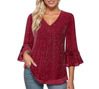 Camicia Donna Elegante con Paillettes in Ruffle Chiffon, Manica 3/4 e Scollo a V Blusa Leggero Camicette Estivo Casacca Casual Tunica Top con Glitter Maglietta per Feste,Serate,Lavoro,Mare,Rosso1,L