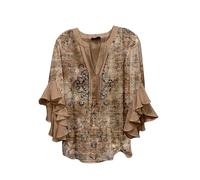 Camicia Donna Elegante con Volant Estiva Camicia Manica 3/4 Balze Camicetta Fantasia Curvy Manica Lunga Scollo a V Blusa Particolari Leggera Comoda Stampa Maglia Shirt Tops Taglie Forti Magliette