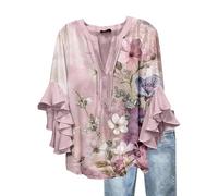 Camicia Donna Elegante con Volant Estiva Camicia Manica 3/4 Balze Camicetta Fantasia Curvy Manica Lunga Scollo a V Blusa Particolari Leggera Comoda Stampa Maglia Shirt Tops Taglie Forti Magliette