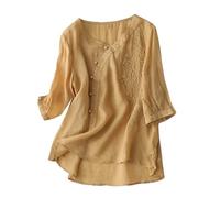 Camicia Donna Elegante Curvy Maniche Corte Lunga Maglietta a Maniche Corte da Donna in Cotone e Lino Ampia Dimagrante con Copertura della Pancia in Bluse Estive Lunghe (Yellow XXL)