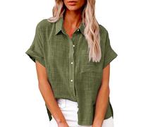 Camicia Donna Elegante Estiva Cotone Bianca Womens Short Sleeve Cotton Linen Down Shirts V Neck Collared Plain Blouses Tops with Pockets Camicette da Garza Estive alla Moda Abbigliamento (Green S)
