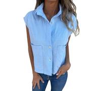 Camicia Donna Elegante in Cotone e Lino Top a Women's Daily Solid Color Casual Summer Loose Short Sleeved Pocket Cotton And Linen Shirt Camicia Basic Cappotto con Tasche Marrone (Blue,XXXL)