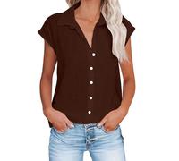 Camicia Donna Elegante Maniche Corte Camicette Lino Cotone Estiva Moda Blusa Casual a V Tunica Top in Tinta Unita Leggera e Comoda per L'Estate Bottoni Sciolto Lino Cotone Camicetta Donna