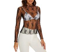 camicia donna elegante, Top Trasparente Donna a Manica Lunga Top Donna Discoteca in Pizzo Maglietta in Rete Tops Slim Fit T Shirt in Tulle Camicetta Basic Slim Fit T-Shirt Party Clubwear