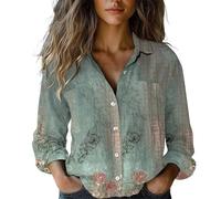 Camicia Donna Estiva Classica Elegante Scollo a V Tunica Traspirante Estive Comodo Oversize Blusa Spiaggia Maniche Lunghe Fantasia Top Moda Vacanza Tinta Unita Lavoro Camicia in Lino