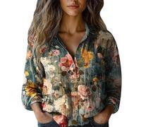 Camicia Donna Estiva Manica Camicetta in Lino Camicie da Donna in Cotone con Stampa,alla,con Bottoni,Casual,A Maniche Lunghe Trendy Lounge Cotone Baggy T Shirt Top (Green,M)