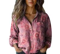 Camicia Donna Estiva Manica Camicetta in Lino Camicie da Donna in Cotone con Stampa,alla,con Bottoni,Casual,A Maniche Lunghe Trendy Lounge Cotone Baggy T Shirt Top (Pink,L)