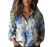 Camicia Donna Estiva Manica Camicetta in Lino Camicie da Donna in Cotone con Stampa,alla,con Bottoni,Casual,A Maniche Lunghe Trendy Lounge Cotone Baggy T Shirt Top (Light Blue,XXXL)