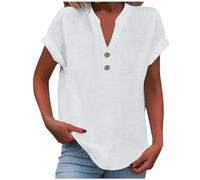 Camicia Donna Estiva Manica Corta Camicetta in Lino Cotone Elegante Blusa Maglietta Scollo a V Top con Bottoni Casual Moda T-Shirt Tinta Unita Classico Offerte Lampo del Giorno