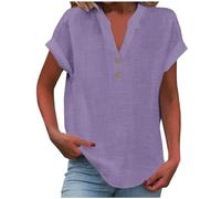 Camicia Donna Estiva Manica Corta Camicetta in Lino Cotone Elegante Blusa Maglietta Scollo a V Top con Bottoni Casual Moda T-Shirt Tinta Unita Classico Offerte Lampo del Giorno
