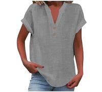 Camicia Donna Estiva Manica Corta Camicetta in Lino Cotone Elegante Blusa Maglietta Scollo a V Top con Bottoni Moda Casual T Shirt Tinta Unita Classico Vacanza Maglia Tees