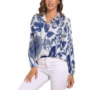 Camicia Donna, Farfalle Fiori Scollo A V Camicia Con Maniche Lunga E Colletto A Revers In Blu Leggera Comoda Per L'Estate Camicetta Da Donna Alla Illustrazioni Disegnate A Mano Camicetta Spiaggia