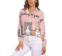 Camicia Donna, Gatto Dei Cartoni Animati Scollo A V Camicia Con Maniche Lunga E Colletto A Revers In Rosa Leggera Comoda Per L'Estate Camicetta Da Donna Alla Linee Semplici Camicetta Spiaggia