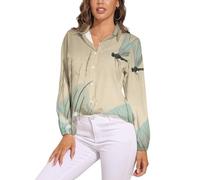 Camicia Donna, Illustrazione Libellula Scollo A V Camicia Con Maniche Lunga E Colletto A Revers In Beige Leggera Comoda Per L'Estate Camicetta Da Donna Alla Eleganza Retrò Camicetta Spiaggia