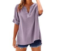 Camicia Donna in Cotone e Lino Scollo a V Leggera Comodo Blusa Elegante Taglie Forti Mare Casuale Camicetta in Lino Tinta Unita Curvy Moda Maglia Tees Oversize Traspirante Manica Corta T-Shirt Donna