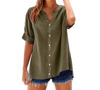 Camicia Donna in Cotone e Lino Scollo a V Leggera Comodo Blusa Elegante Taglie Forti Mare Casuale Camicetta in Lino Tinta Unita Curvy Moda Maglia Tees Oversize Traspirante Manica Corta T-Shirt Donna