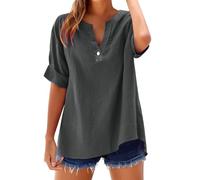 Camicia Donna in Cotone e Lino Scollo a V Leggera Comodo Blusa Elegante Taglie Forti Mare Casuale Camicetta in Lino Tinta Unita Curvy Moda Maglia Tees Oversize Traspirante Manica Corta T-Shirt Donna