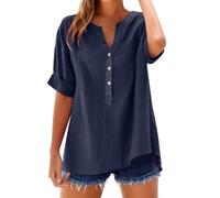Camicia Donna in Cotone e Lino Scollo a V Leggera Comodo Blusa Elegante Taglie Forti Mare Casuale Camicetta in Lino Tinta Unita Curvy Moda Maglia Tees Oversize Traspirante Manica Corta T-Shirt Donna