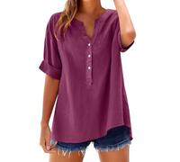Camicia Donna in Cotone e Lino Scollo a V Leggera Comodo Blusa Elegante Taglie Forti Mare Casuale Camicetta in Lino Tinta Unita Curvy Moda Maglia Tees Oversize Traspirante Manica Corta T-Shirt Donna