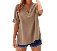 Camicia Donna in Cotone e Lino Scollo a V Leggera Comodo Blusa Elegante Taglie Forti Mare Casuale Camicetta in Lino Tinta Unita Curvy Moda Maglia Tees Oversize Traspirante Manica Corta T-Shirt Donna