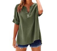 Camicia Donna in Cotone e Lino Scollo a V Leggera Comodo Blusa Elegante Taglie Forti Mare Casuale Camicetta in Lino Tinta Unita Curvy Moda Maglia Tees Oversize Traspirante Manica Corta T-Shirt Donna