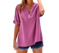 Camicia Donna in Cotone e Lino Scollo a V Leggera Comodo Blusa Elegante Taglie Forti Mare Casuale Camicetta in Lino Tinta Unita Curvy Moda Maglia Tees Oversize Traspirante Manica Corta T-Shirt Donna