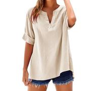Camicia Donna in Cotone e Lino Scollo a V Leggera Comodo Blusa Elegante Taglie Forti Mare Casuale Camicetta in Lino Tinta Unita Curvy Moda Maglia Tees Oversize Traspirante Manica Corta T-Shirt Donna