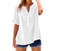 Camicia Donna in Cotone e Lino Scollo a V Leggera Comodo Blusa Elegante Taglie Forti Mare Casuale Camicetta in Lino Tinta Unita Curvy Moda Maglia Tees Oversize Traspirante Manica Corta T-Shirt Donna