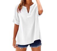 Camicia Donna in Cotone e Lino Scollo a V Leggera Comodo Blusa Elegante Taglie Forti Mare Casuale Camicetta in Lino Tinta Unita Curvy Moda Maglia Tees Oversize Traspirante Manica Corta T-Shirt Donna